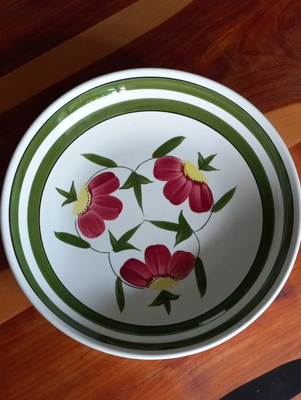 Pink Floral Ceramic Ironstone Ware Serving Bowl with Green Trim